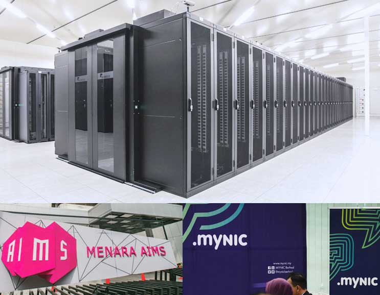 Data center interior with rows of server racks, featuring signage of MENARA AIMS and .myNIC, representing Skytomato’s web hosting infrastructure