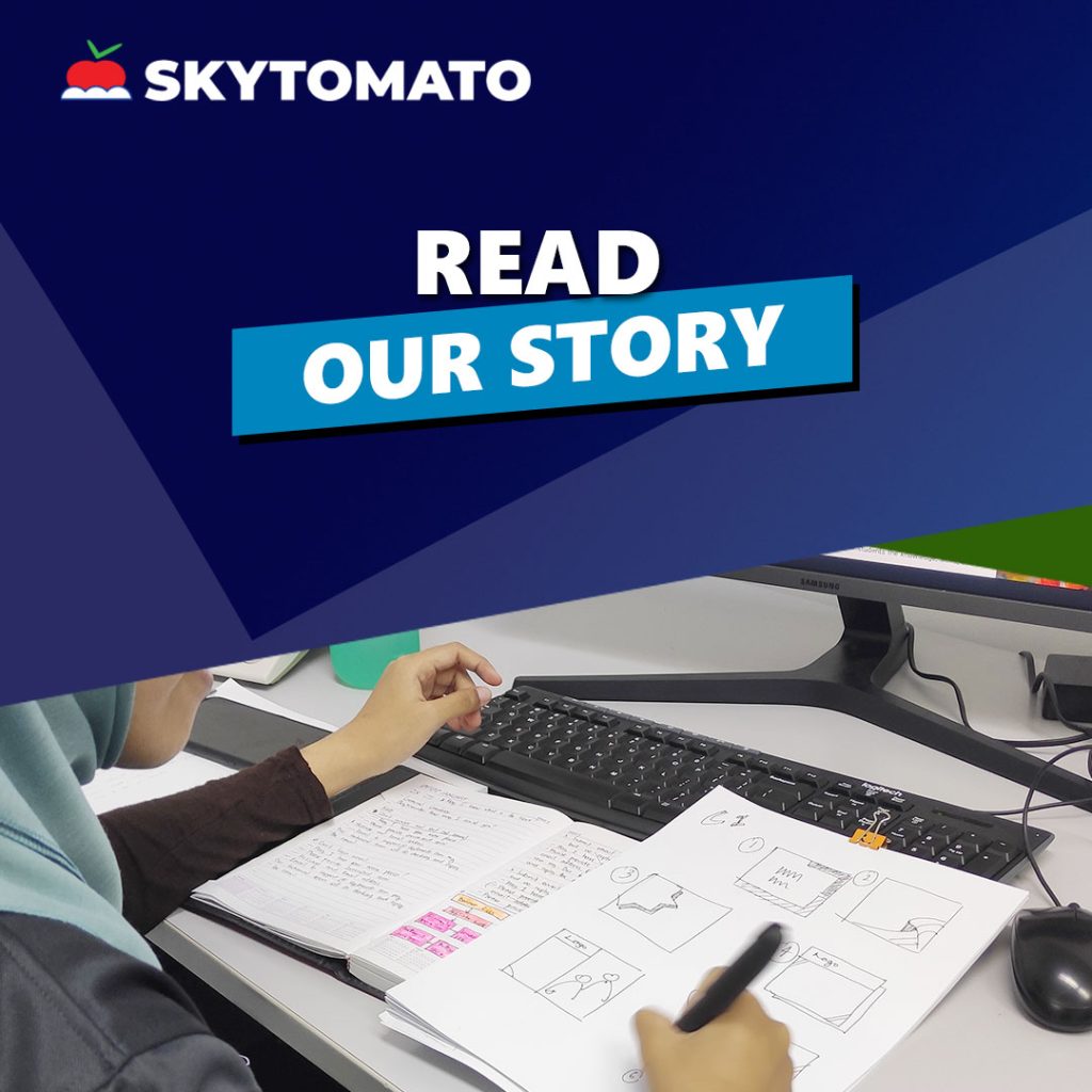 Promotional graphic illustrate where users can discover about our company's story and the inception of our website design service. Includes a 'READ MORE' button to access 'our-story' page