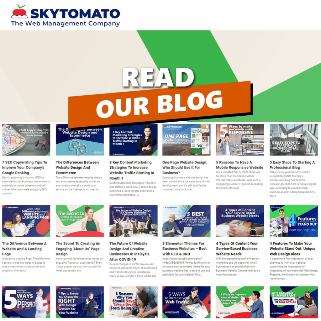 Promotional graphic from Skytomato encouraging readers to explore the company's blog for tips on website design, digital marketing, and building an online business. Includes a 'READ NOW' button to access the blog